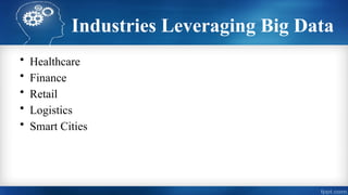 Industries Leveraging Big Data
• Healthcare
• Finance
• Retail
• Logistics
• Smart Cities
 