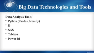 Big Data Technologies and Tools
Data Analysis Tools:
• Python (Pandas, NumPy)
• R
• SAS
• Tableau
• Power BI
 