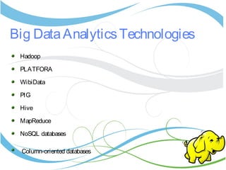 Big DataAnalyticsTechnologies
Hadoop
PLATFORA
WibiData
PIG
Hive
MapReduce
NoSQL databases
Column-oriented databases
 