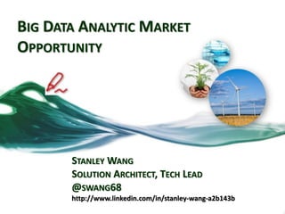 BIG DATA ANALYTIC MARKET
OPPORTUNITY
STANLEY WANG
SOLUTION ARCHITECT, TECH LEAD
@SWANG68
http://www.linkedin.com/in/stanley-wang-a2b143b
 