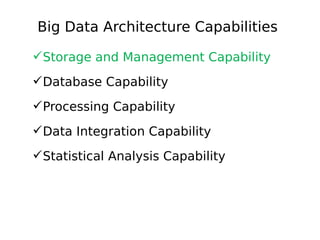 Big Data Architecture Capabilities
Storage and Management Capability
Database Capability
Processing Capability
Data Integration Capability
Statistical Analysis Capability

 