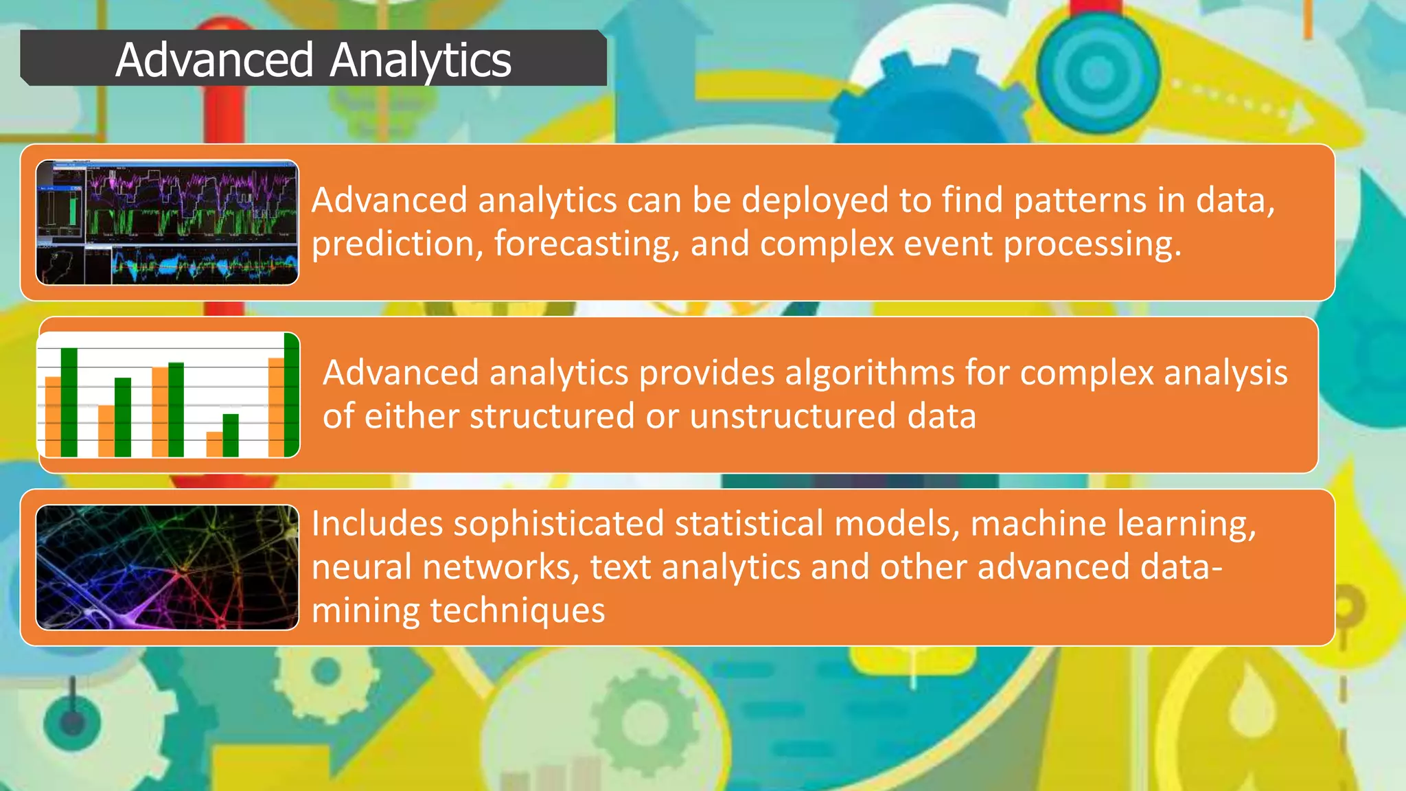 Advanced Analytics
Advanced analytics can be deployed to find patterns in data,
prediction, forecasting, and complex event processing.
Advanced analytics provides algorithms for complex analysis
of either structured or unstructured data
Includes sophisticated statistical models, machine learning,
neural networks, text analytics and other advanced data-
mining techniques
 