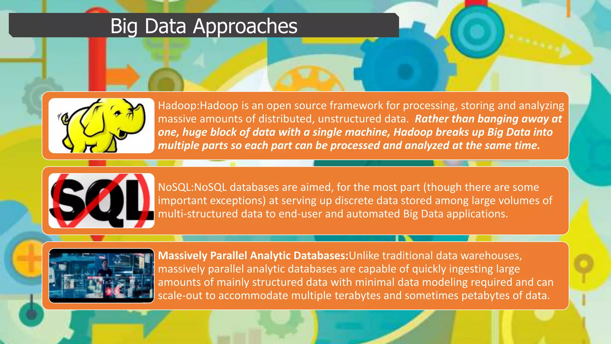 Hadoop:Hadoop is an open source framework for processing, storing and analyzing
massive amounts of distributed, unstructured data. Rather than banging away at
one, huge block of data with a single machine, Hadoop breaks up Big Data into
multiple parts so each part can be processed and analyzed at the same time.
NoSQL:NoSQL databases are aimed, for the most part (though there are some
important exceptions) at serving up discrete data stored among large volumes of
multi-structured data to end-user and automated Big Data applications.
Massively Parallel Analytic Databases:Unlike traditional data warehouses,
massively parallel analytic databases are capable of quickly ingesting large
amounts of mainly structured data with minimal data modeling required and can
scale-out to accommodate multiple terabytes and sometimes petabytes of data.
Big Data Approaches
 