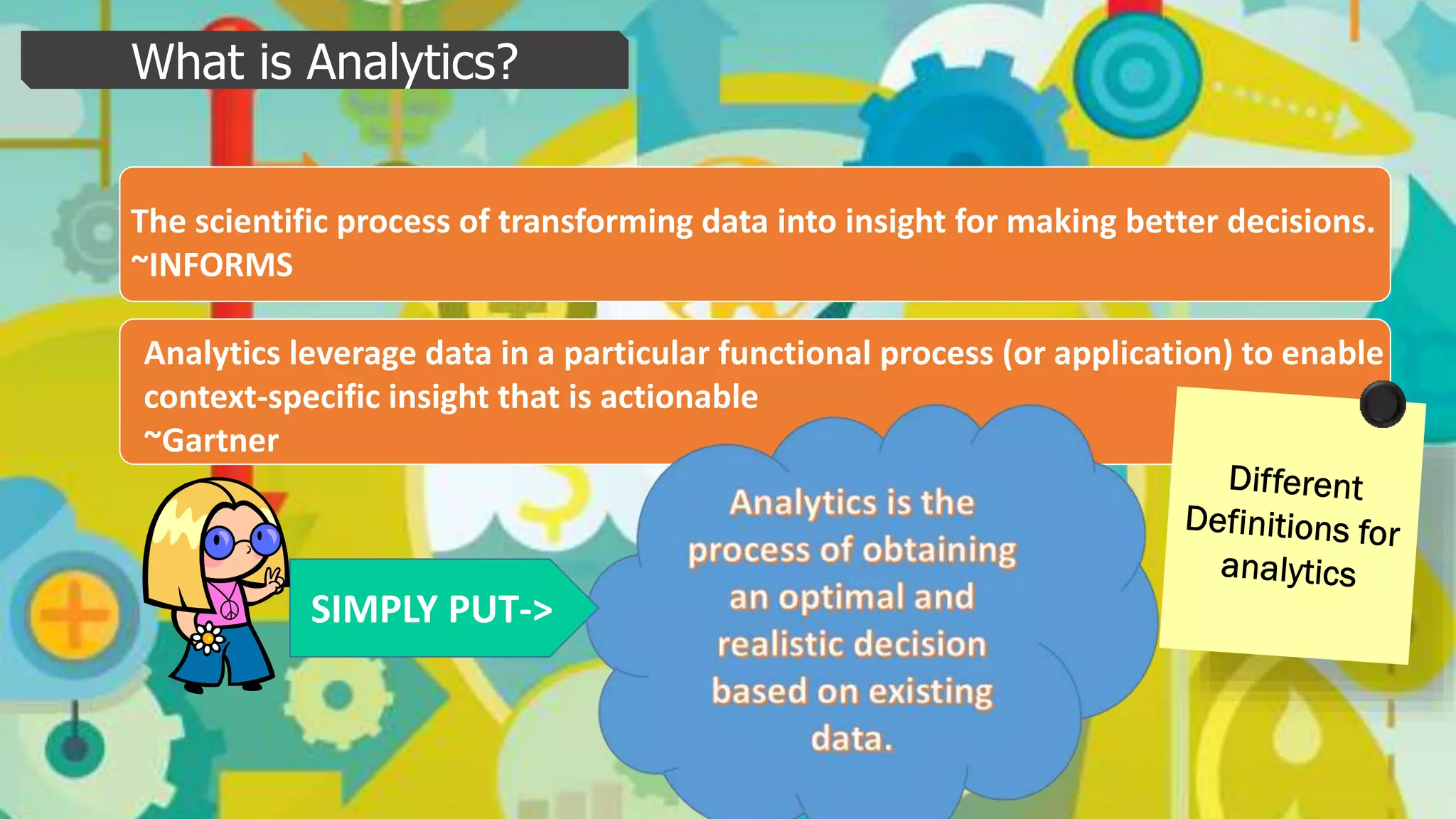 The scientific process of transforming data into insight for making better decisions.
~INFORMS
Analytics leverage data in a particular functional process (or application) to enable
context-specific insight that is actionable
~Gartner
What is Analytics?
SIMPLY PUT->
 