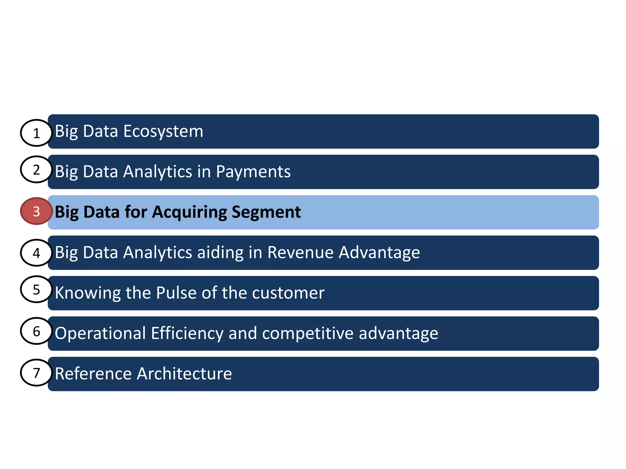 Big Data Ecosystem
Big Data Analytics in Payments
Big Data for Acquiring Segment
Big Data Analytics aiding in Revenue Advantage
Knowing the Pulse of the customer
Operational Efficiency and competitive advantage
Reference Architecture
1
2
3
4
5
6
7
 