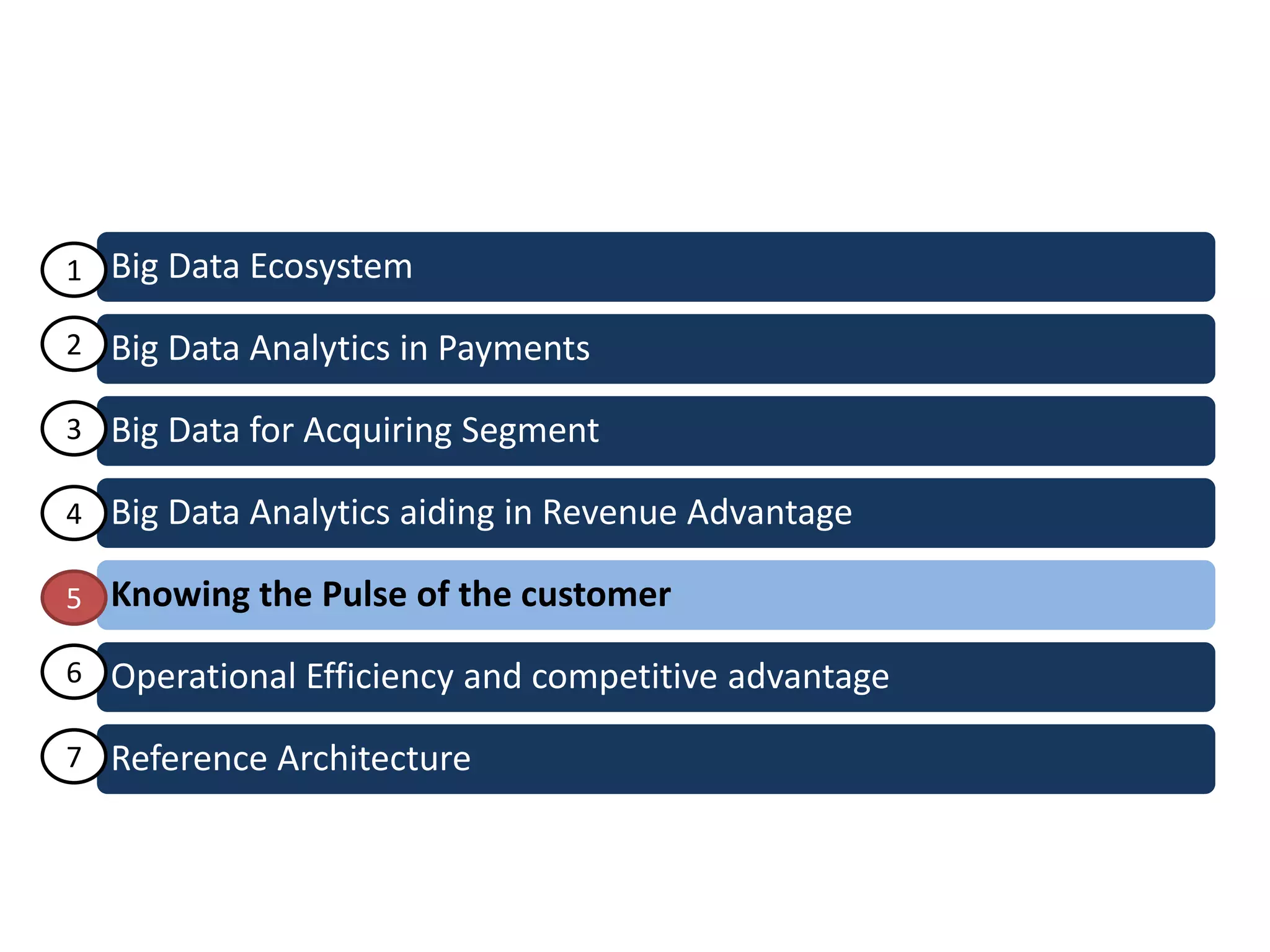 Big Data Ecosystem
Big Data Analytics in Payments
Big Data for Acquiring Segment
Big Data Analytics aiding in Revenue Advantage
Knowing the Pulse of the customer
Operational Efficiency and competitive advantage
Reference Architecture
1
2
3
4
5
6
7
 