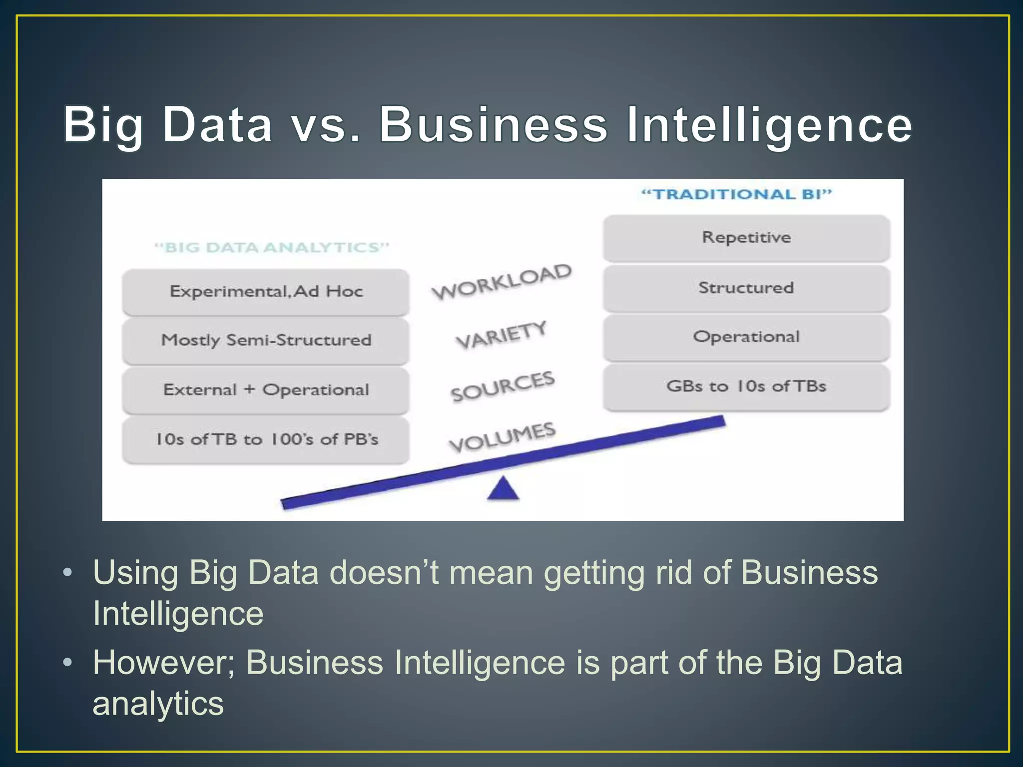 • Using Big Data doesn’t mean getting rid of Business
Intelligence
• However; Business Intelligence is part of the Big Data
analytics
 