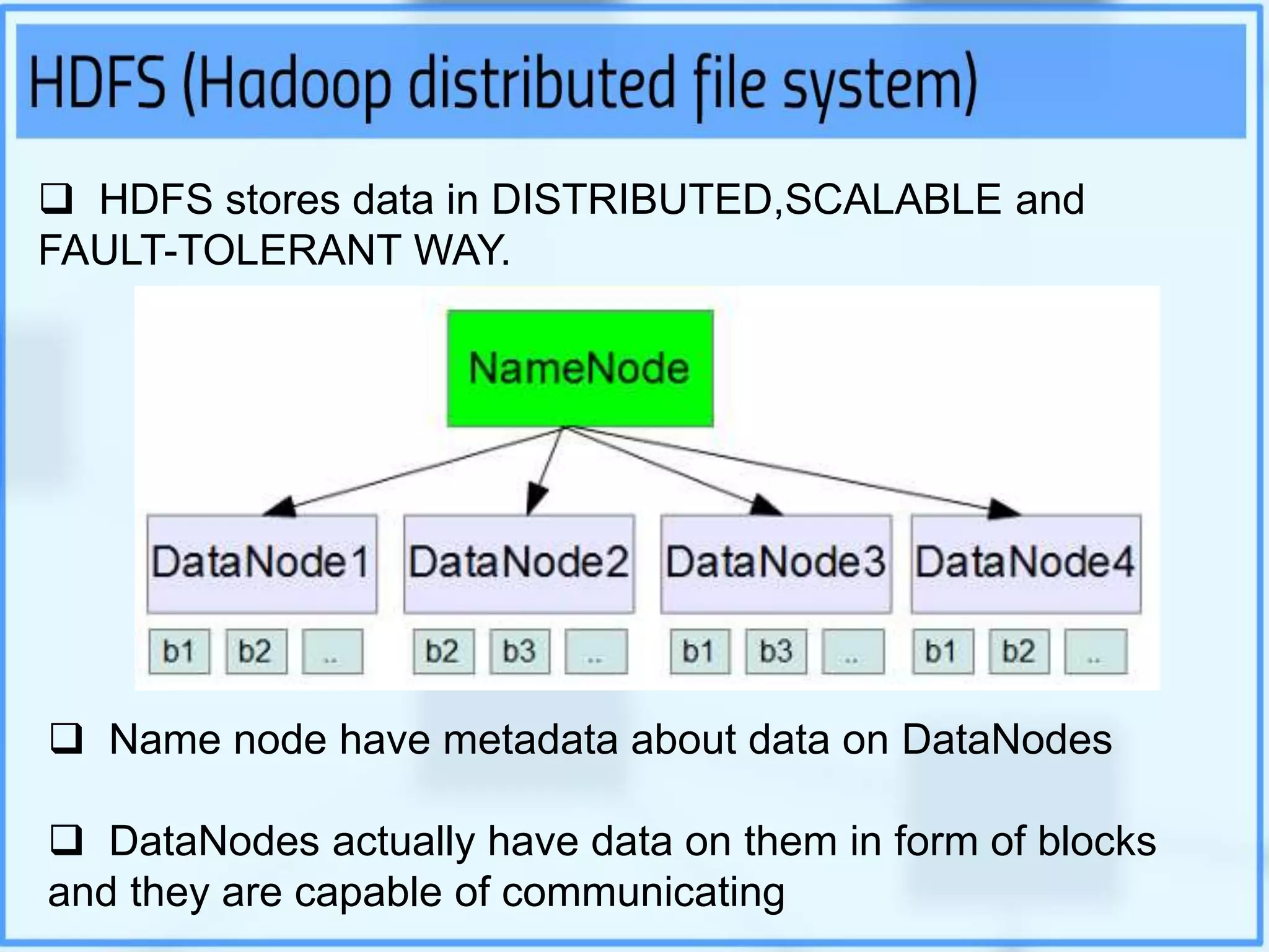  HDFS stores data in DISTRIBUTED,SCALABLE and
FAULT-TOLERANT WAY.
 Name node have metadata about data on DataNodes
 DataNodes actually have data on them in form of blocks
and they are capable of communicating
 