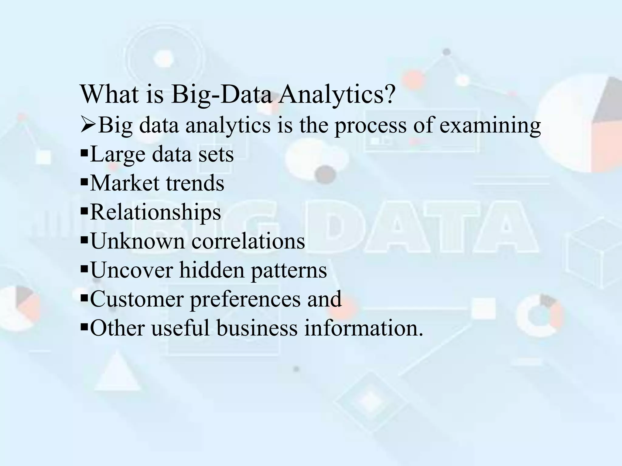 What is Big-Data Analytics?
Big data analytics is the process of examining
Large data sets
Market trends
Relationships
Unknown correlations
Uncover hidden patterns
Customer preferences and
Other useful business information.
 