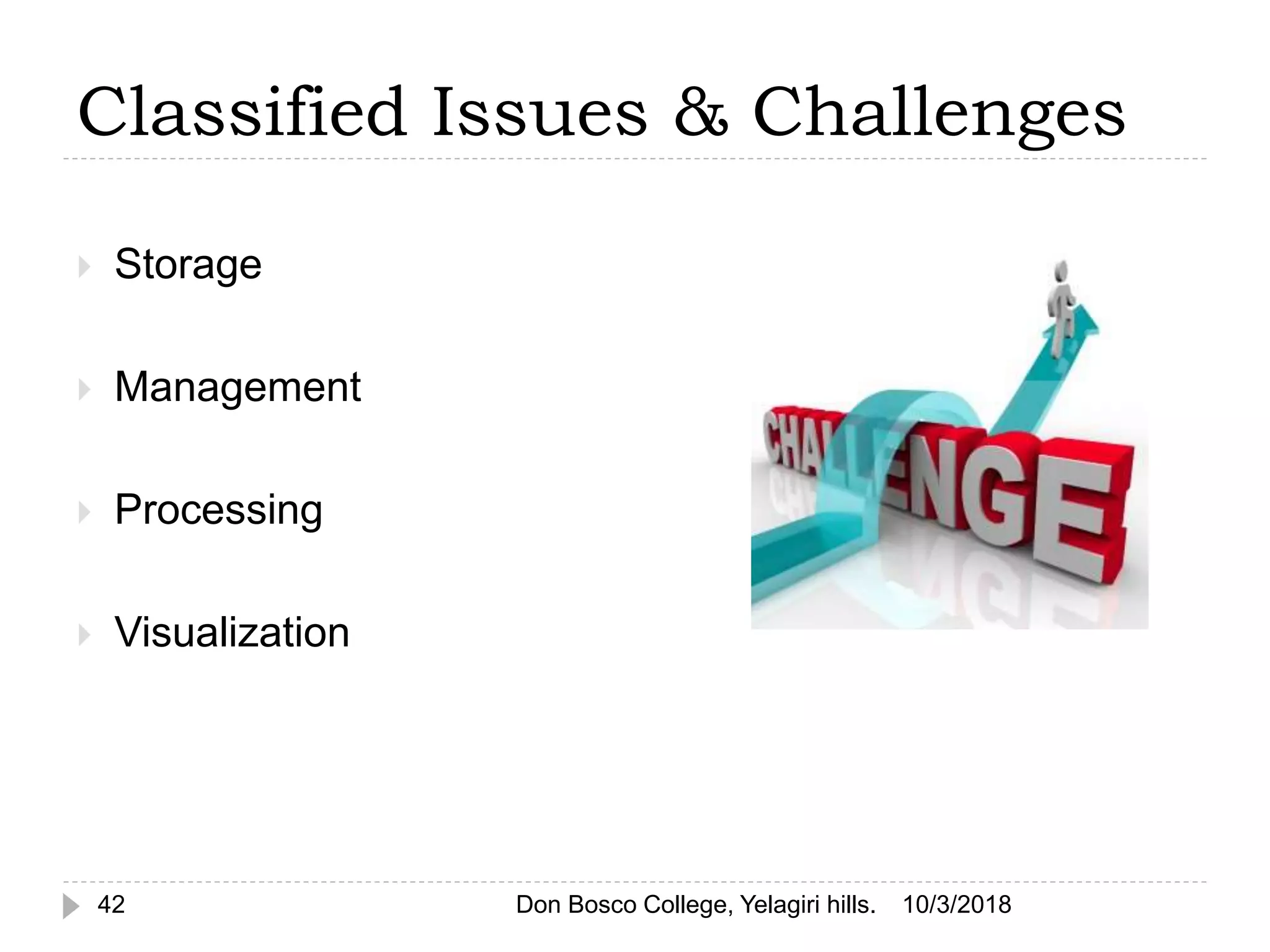 Classified Issues & Challenges
 Storage
 Management
 Processing
 Visualization
10/3/201842 Don Bosco College, Yelagiri hills.
 