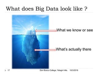 What we know or see
What’s actually there
What does Big Data look like ?
10/3/201817 Don Bosco College, Yelagiri hills.
 