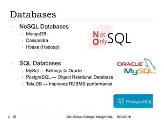  NoSQL Databases
 MongoDB
 Cassandra
 Hbase (Hadoop)
 SQL Databases
 MySql — Belongs to Oracle
 PostgreSQL — Object Relational Database
 TokuDB — Improves RDBMS performance
10/3/2018Don Bosco College, Yelagiri hills.35
Databases
 