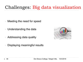 Challenges: Big data visualization
 Meeting the need for speed
 Understanding the data
 Addressing data quality
 Displaying meaningful results
10/3/201846 Don Bosco College, Yelagiri hills.
 