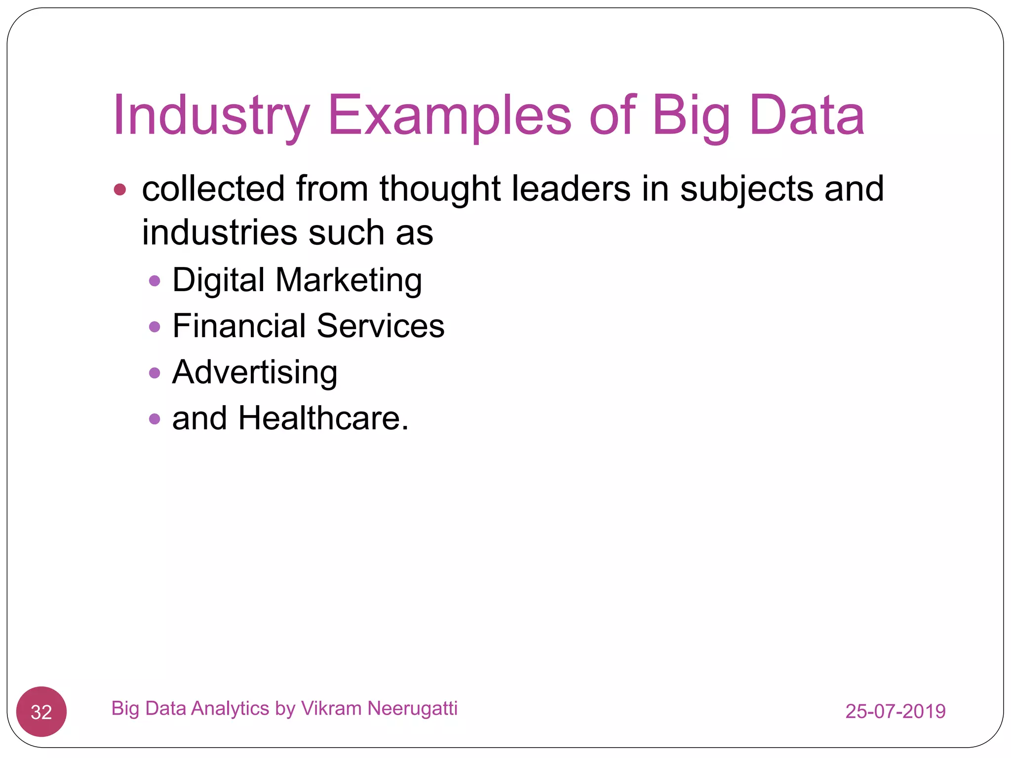 Industry Examples of Big Data
25-07-2019Big Data Analytics by Vikram Neerugatti32
 collected from thought leaders in subjects and
industries such as
 Digital Marketing
 Financial Services
 Advertising
 and Healthcare.
 