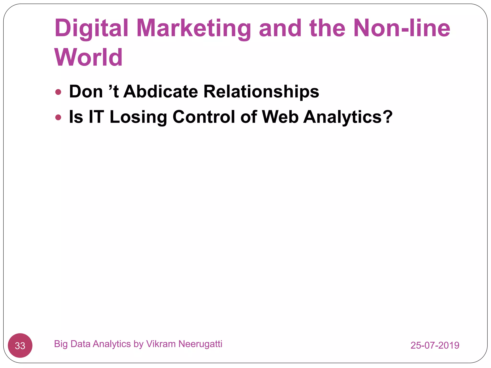 Digital Marketing and the Non-line
World
25-07-2019Big Data Analytics by Vikram Neerugatti33
 Don ’t Abdicate Relationships
 Is IT Losing Control of Web Analytics?
 