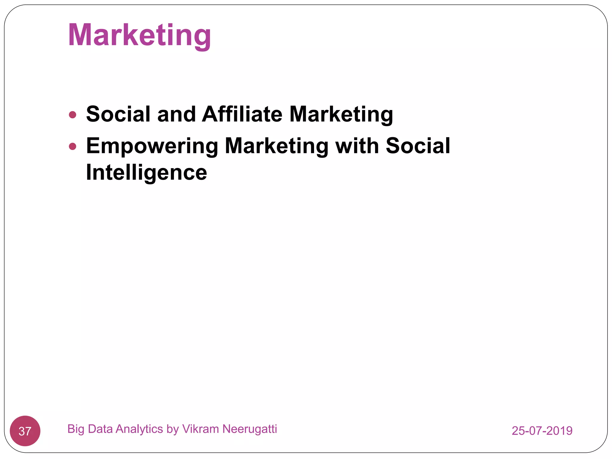 Marketing
25-07-2019Big Data Analytics by Vikram Neerugatti37
 Social and Affiliate Marketing
 Empowering Marketing with Social
Intelligence
 