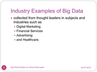 Industry Examples of Big Data
25-07-2019Big Data Analytics by Vikram Neerugatti32
 collected from thought leaders in subj...