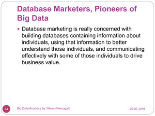 Database Marketers, Pioneers of
Big Data
25-07-2019Big Data Analytics by Vikram Neerugatti34
 Database marketing is reall...