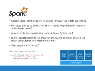  Apache spark is fast and general engine for large-scale data processing
 Run programs up to 100x faster than Hadoop Map...