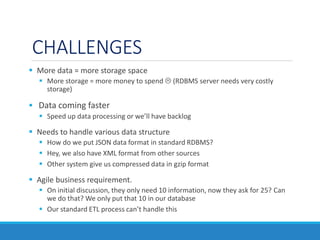 CHALLENGES
 More data = more storage space
 More storage = more money to spend  (RDBMS server needs very costly
storage...