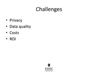 Challenges
• Privacy
• Data quality
• Costs
• ROI