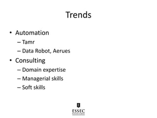 Trends
• Automation
– Tamr
– Data Robot, Aerues
• Consulting
– Domain expertise
– Managerial skills
– Soft skills