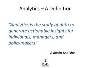 Analytics – A Definition
“Analytics is the study of data to
generate actionable insights for
individuals, managers, and
policymakers”
– Ashwin Malshe