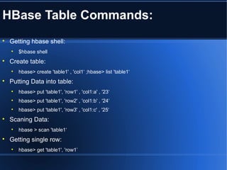 HBase Table Commands:

Getting hbase shell:

$hbase shell

Create table:

hbase> create 'table1' , 'col1‘ ;hbase> list 'table1‘

Putting Data into table:

hbase> put 'table1', 'row1' , 'col1:a' , '23‘

hbase> put 'table1', 'row2' , 'col1:b' , '24‘

hbase> put 'table1', 'row3' , 'col1:c' , '25‘

Scaning Data:

hbase > scan 'table1‘

Getting single row:

hbase> get 'table1', 'row1’
 