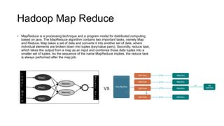 Hadoop Map Reduce
• MapReduce is a processing technique and a program model for distributed computing
based on java. The M...