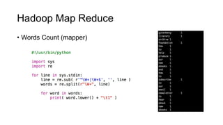 Hadoop Map Reduce
• Words Count (mapper)
 