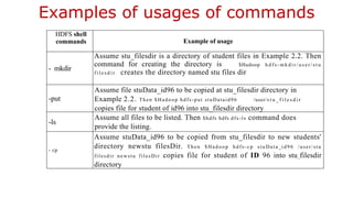 Examples of usages of commands
HDFS shell
commands Example of usage
- mkdir
Assume stu_filesdir is a directory of student files in Example 2.2. Then
command for creating the directory is $Hadoop h d f s - m k d i r / u s e r / s t u
f i l e s d i r creates the directory named stu files dir
-put
Assume file stuData_id96 to be copied at stu_filesdir directory in
Example 2.2. Then $Hadoop hdfs-put stuDataid96 /user/s t u _ f i l e s d i r
copies file for student of id96 into stu_filesdir directory
-ls
Assume all files to be listed. Then $hdfs hdfs dfs-ls command does
provide the listing.
- cp
Assume stuData_id96 to be copied from stu_filesdir to new students'
directory newstu filesDir. Then $Hadoop hdfs-cp s tuData _i d96 /user/stu
filesdir newstu filesDir copies file for student of ID 96 into stu_filesdir
directory
 