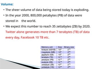 Volume:
• The sheer volume of data being stored today is exploding.
• In the year 2000, 800,000 petabytes (PB) of data were
stored in the world.
• We expect this number to reach 35 zettabytes (ZB) by 2020.
Twitter alone generates more than 7 terabytes (TB) of data
every day, Facebook 10 TB etc.
 