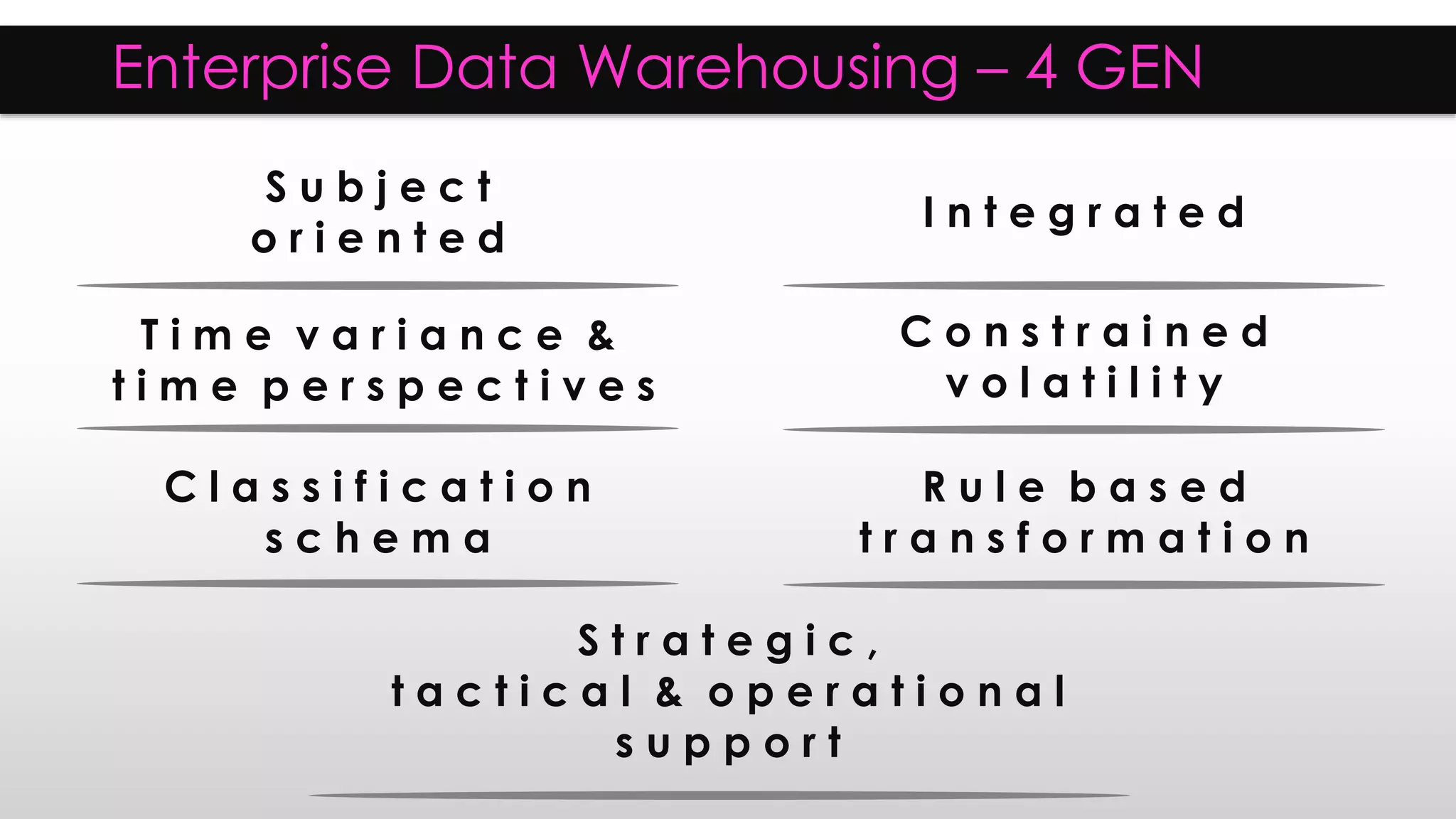Enterprise Data Warehousing – 4 GEN
S u b j e c t
o r i e n t e d
S t r a t e g i c ,
t a c t i c a l & o p e r a t i o n a l
s u p p o r t
I n t e g r a t e d
T i m e v a r i a n c e &
t i m e p e r s p e c t i v e s
C o n s t r a i n e d
v o l a t i l i t y
C l a s s i f i c a t i o n
s c h e m a
R u l e b a s e d
t r a n s f o r m a t i o n
 