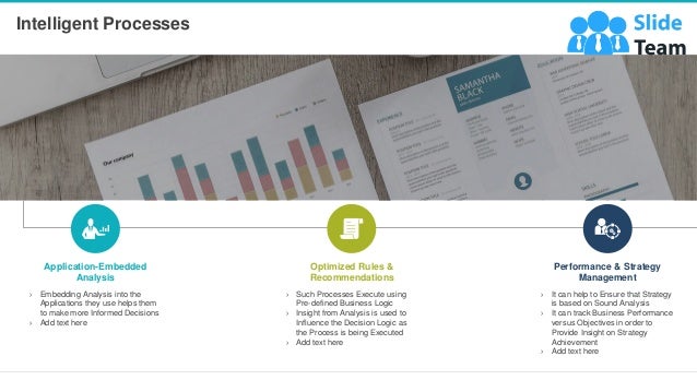 Application-Embedded
Analysis
› Embedding Analysis into the
Applications they use helps them
to make more Informed Decisions
› Add text here
Optimized Rules &
Recommendations
› Such Processes Execute using
Pre-defined Business Logic
› Insight from Analysis is used to
Influence the Decision Logic as
the Process is being Executed
› Add text here
Performance & Strategy
Management
› It can help to Ensure that Strategy
is based on Sound Analysis
› It can track Business Performance
versus Objectives in order to
Provide Insight on Strategy
Achievement
› Add text here
Intelligent Processes
9
This slide is 100% editable. Adapt it to your needs and capture your audience's attention.
 