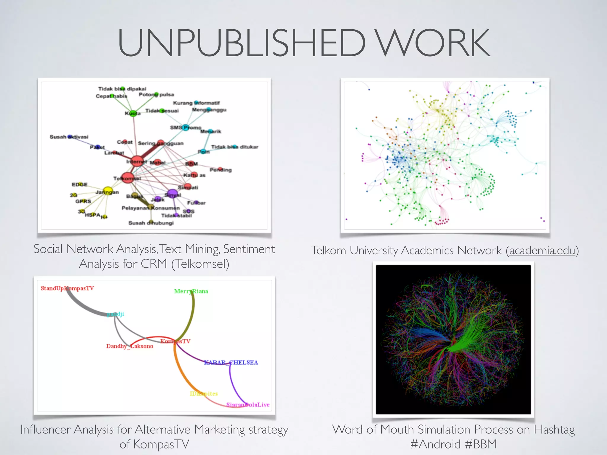 UNPUBLISHED WORK
Social Network Analysis,Text Mining, Sentiment
Analysis for CRM (Telkomsel)
Telkom University Academics Network (academia.edu)
Inﬂuencer Analysis for Alternative Marketing strategy
of KompasTV
Word of Mouth Simulation Process on Hashtag
#Android #BBM
 