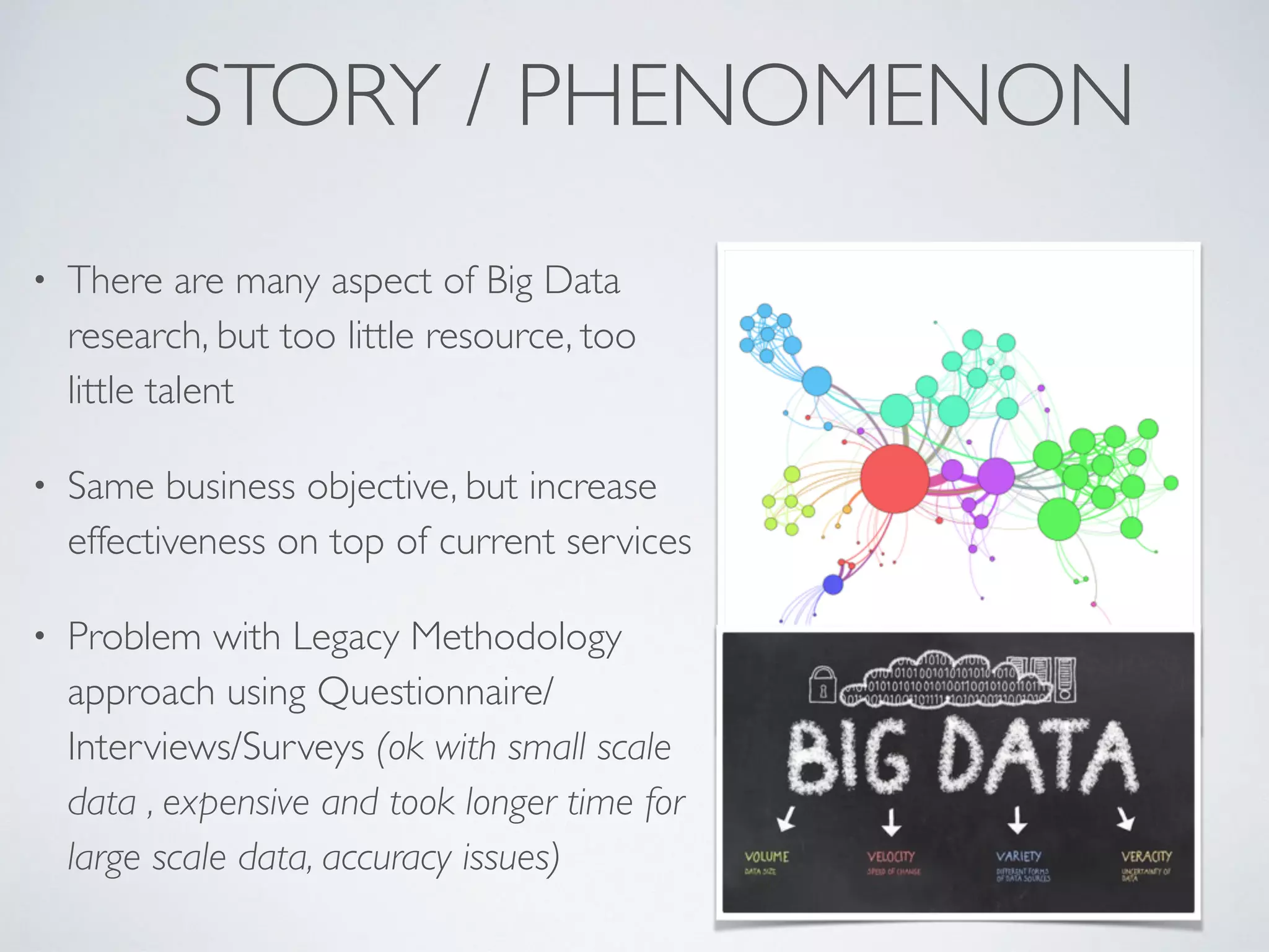 STORY / PHENOMENON
• There are many aspect of Big Data
research, but too little resource, too
little talent
• Same business objective, but increase
effectiveness on top of current services
• Problem with Legacy Methodology
approach using Questionnaire/
Interviews/Surveys (ok with small scale
data , expensive and took longer time for
large scale data, accuracy issues)
 