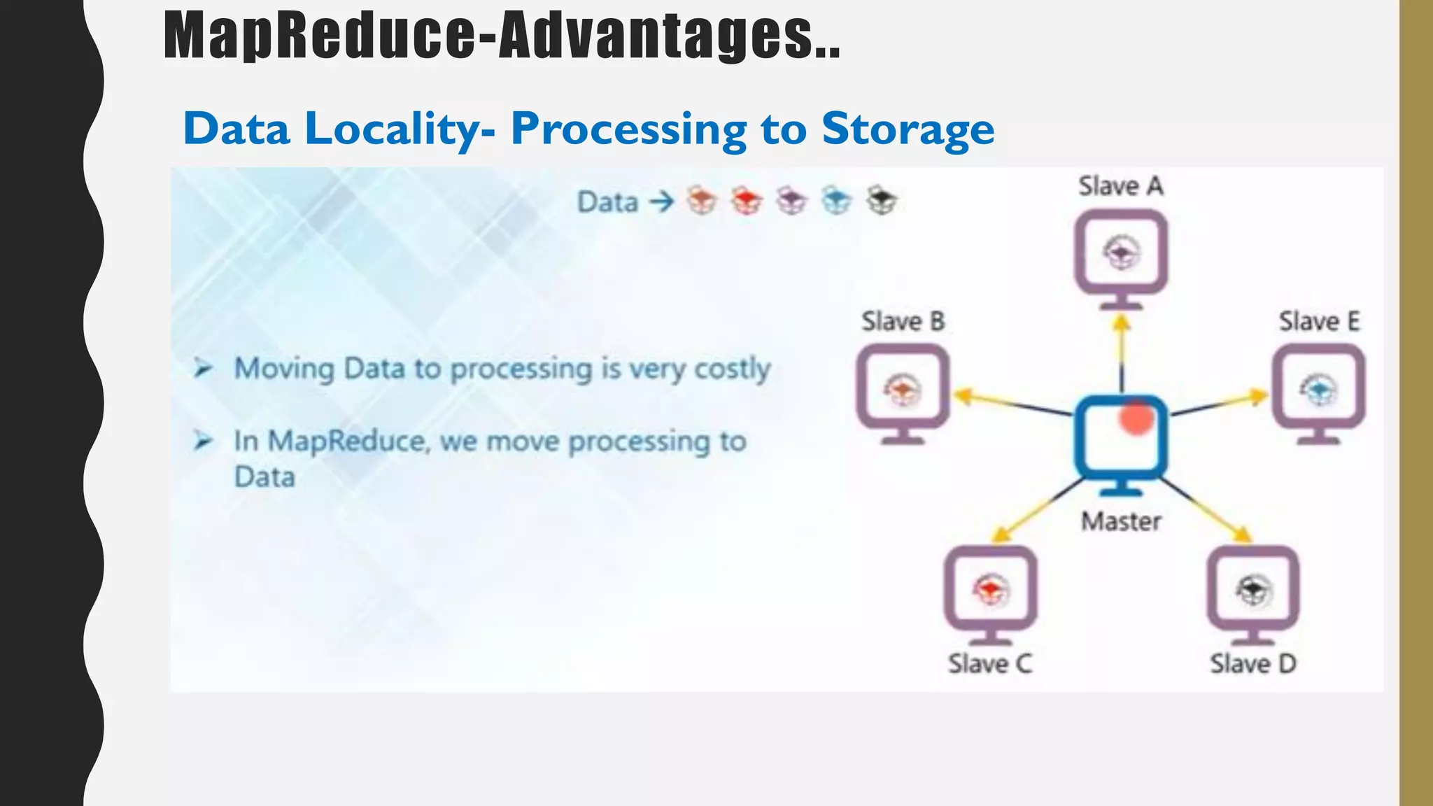 MapReduce-Advantages..
Data Locality- Processing to Storage
 