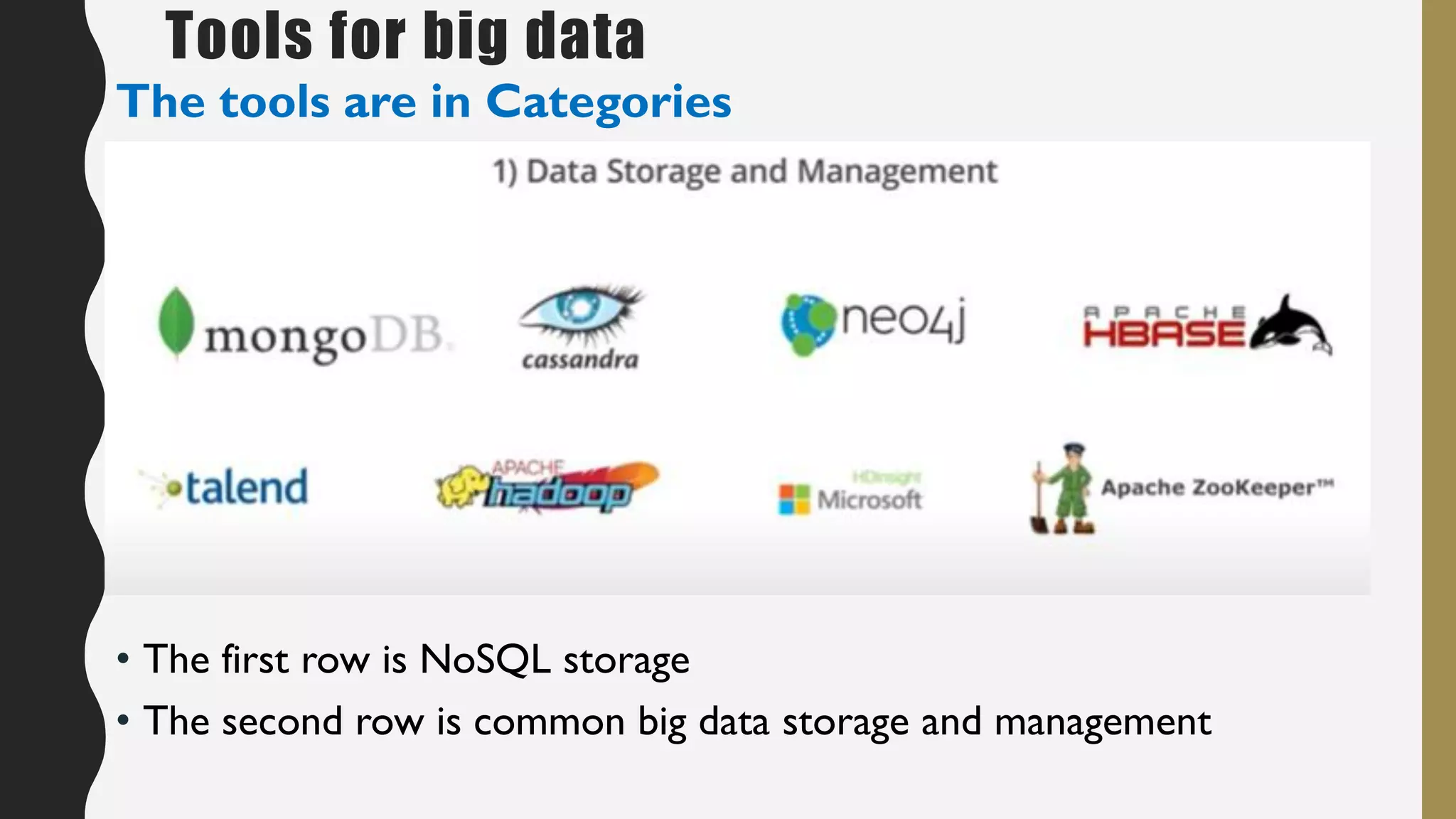 Tools for big data
The tools are in Categories
• The first row is NoSQL storage
• The second row is common big data storage and management
 
