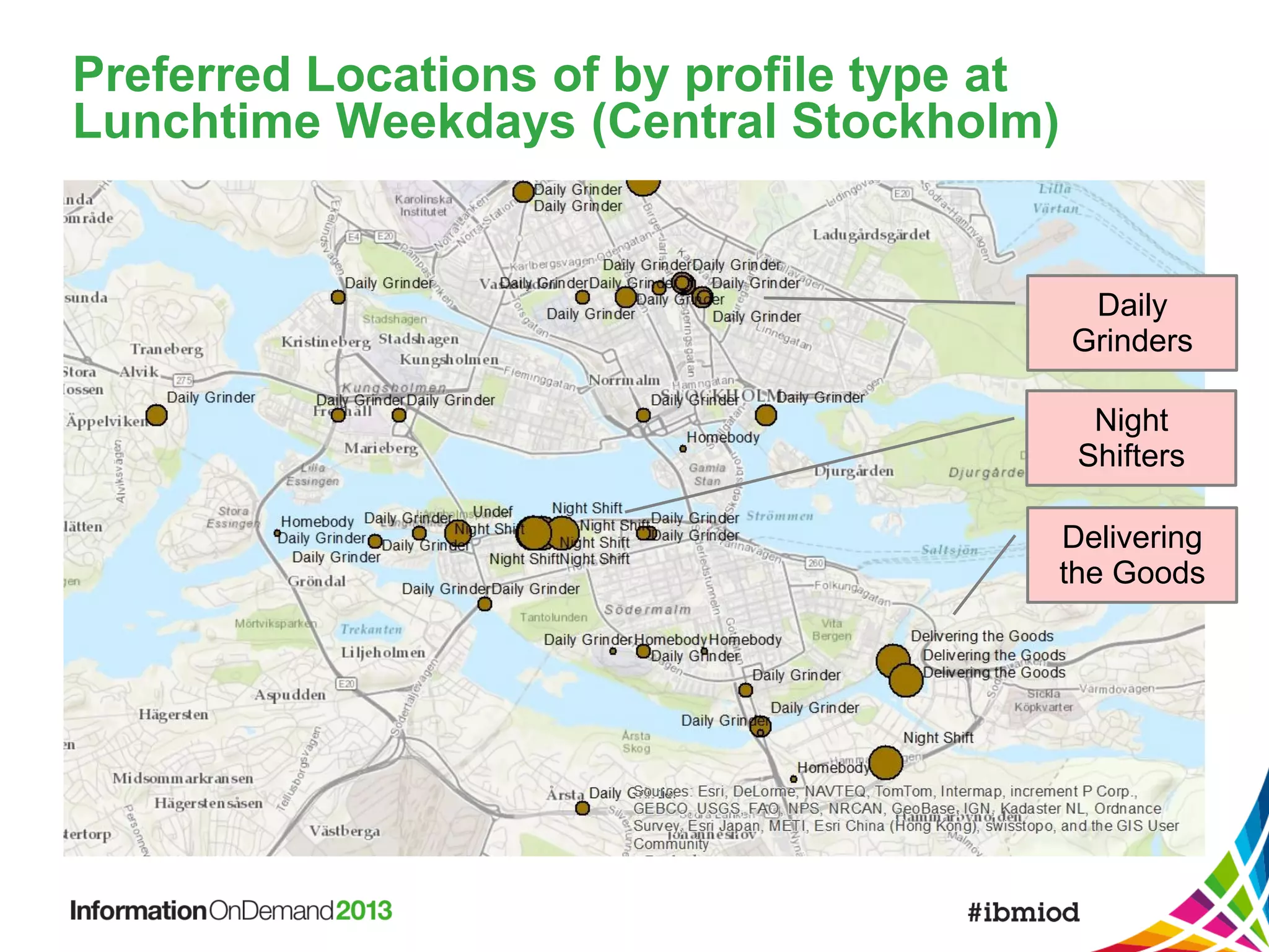 Preferred Locations of by profile type at
Lunchtime Weekdays (Central Stockholm)

Daily
Grinders
Night
Shifters
Delivering
the Goods

 