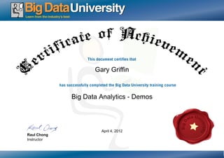 Gary Griffin



             Big Data Analytics - Demos




                      April 4, 2012
Raul Chong
Instructor
 