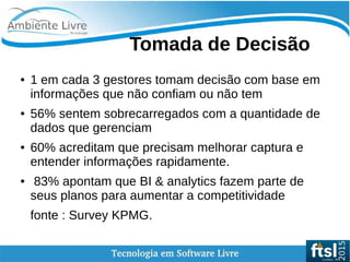    
Tomada de Decisão
● 1 em cada 3 gestores tomam decisão com base em
informações que não confiam ou não tem
● 56% sentem sobrecarregados com a quantidade de
dados que gerenciam
● 60% acreditam que precisam melhorar captura e
entender informações rapidamente.
● 83% apontam que BI & analytics fazem parte de
seus planos para aumentar a competitividade
fonte : Survey KPMG.
 