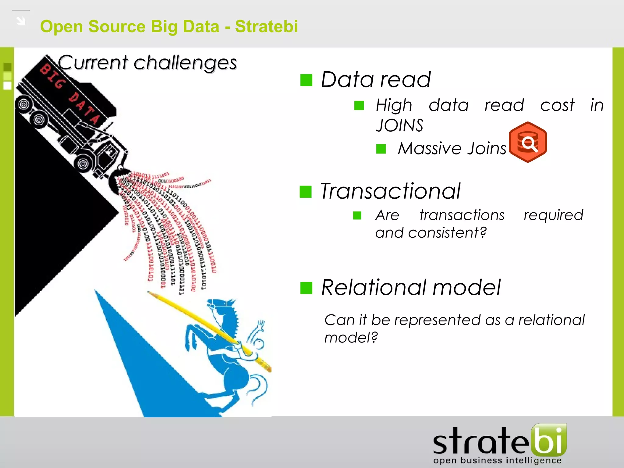 Open Source Big Data - Stratebi
Data read
High data read cost in
JOINS
Massive Joins
Relational model
Current challengesCurrent challenges
Transactional
Are transactions required
and consistent?
Can it be represented as a relational
model?
 