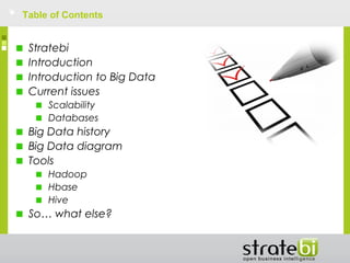 Table of Contents
Stratebi
Introduction
Introduction to Big Data
Current issues
Scalability
Databases
Big Data history
Big Data diagram
Tools
Hadoop
Hbase
Hive
So… what else?
 