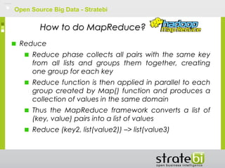 Open Source Big Data - Stratebi
How to do MapReduce?How to do MapReduce?
Reduce
Reduce phase collects all pairs with the same key
from all lists and groups them together, creating
one group for each key
Reduce function is then applied in parallel to each
group created by Map() function and produces a
collection of values in the same domain
Thus the MapReduce framework converts a list of
(key, value) pairs into a list of values
Reduce (key2, list(value2)) –> list(value3)
 