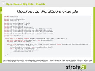 Open Source Big Data - Stratebi
MapReduce WordCount exampleMapReduce WordCount example
bin/hadoop jar hadoop-*-examples.jar wordcount [-m <#maps>] [-r <#reducers>] <in-dir> <out-dir>
 