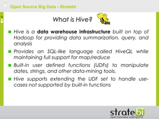 Open Source Big Data - Stratebi
What is Hive?What is Hive?
Hive is a data warehouse infrastructure built on top of
Hadoop for providing data summarization, query, and
analysis
Provides an SQL-like language called HiveQL while
maintaining full support for map/reduce
Built-in user defined functions (UDFs) to manipulate
dates, strings, and other data-mining tools.
Hive supports extending the UDF set to handle use-
cases not supported by built-in functions
 