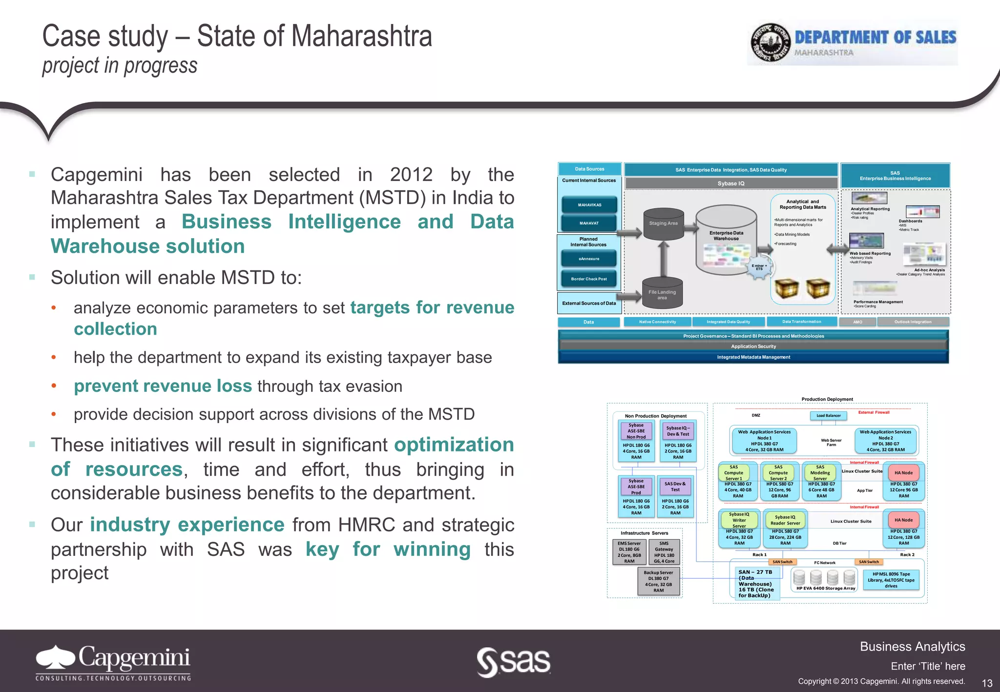 13
Business Analytics
Copyright © 2013 Capgemini. All rights reserved.
Enter ‘Title’ here
Case study – State of Maharashtra
project in progress
 Capgemini has been selected in 2012 by the
Maharashtra Sales Tax Department (MSTD) in India to
implement a Business Intelligence and Data
Warehouse solution
 Solution will enable MSTD to:
• analyze economic parameters to set targets for revenue
collection
• help the department to expand its existing taxpayer base
• prevent revenue loss through tax evasion
• provide decision support across divisions of the MSTD
 These initiatives will result in significant optimization
of resources, time and effort, thus bringing in
considerable business benefits to the department.
 Our industry experience from HMRC and strategic
partnership with SAS was key for winning this
project
SAS
Enterprise Business Intelligence
Planned
Internal Sources
Current Internal Sources
File Landing
area
Enterprise Data
Warehouse
Staging Area
SAS Enterprise Data Integration, SASData QualityData Sources
eAnnexure
Border Check Post
MAHAVIKAS
MAHAVAT
External Sources of Data
Analytical Reporting
•Dealer Profiles
•Risk rating
Dashboards
•MIS
•Metric Track
Web based Reporting
•Advisory Visits
•Audit Findings
Ad-hoc Analysis
•Dealer Category Trend Analysis
Performance Management
•Score Carding
Native Connectivity Integrated Data Quality Data Transformation
Sybase IQ
AMO Outlook Integration
Project Governance – Standard BI Processes and Methodologies
Application Security
Integrated Metadata Management
Data
Analytical and
Reporting Data Marts
•Multi dimensional marts for
Reports and Analytics
•Data Mining Models
•Forecasting
E miner +
ETS
HPDL 380 G7
4Core, 40 GB
RAM
HPDL 180 G6
4Core, 16 GB
RAM
Load Balancer
Rack 1 Rack 2
Non Production Deployment
Production Deployment
Linux Cluster Suite
SAN – 27 TB
(Data
Warehouse)
16 TB (Clone
for BackUp)
HP EVA 6400 Storage Array
HPMSL 8096 Tape
Library, 4xLTO5FC tape
drives
Backup Server
DL380 G7
4Core, 32 GB
RAM
DMZ
Internal Firewall
Internal Firewall
External Firewall
App Tier
DB Tier
Web Application Services
Node2
HPDL 380 G7
4Core, 32 GB RAM
Web Application Services
Node1
HPDL 380 G7
4Core, 32 GB RAM
Web Server
Farm
SAS
Compute
Server1
HPDL 580 G7
12Core, 96
GB RAM
HPDL 380 G7
6Core 48 GB
RAM
SAS
Compute
Server2
SAS
Modeling
Server
HPDL 380 G7
12Core 96 GB
RAM
HA Node
HPDL 380 G7
4Core, 32 GB
RAM
SybaseIQ
Writer
Server
HPDL 580 G7
28Core, 224 GB
RAM
SybaseIQ
Reader Server
HPDL 380 G7
12Core, 128 GB
RAM
HA Node
SAN Switch SAN Switch
App Tier
Linux Cluster Suite
HPDL 180 G6
2Core, 16 GB
RAM
SybaseIQ –
Dev & Test
Sybase
ASE-SBE
Non Prod
HPDL 180 G6
4Core, 16 GB
RAM
Sybase
ASE-SBE
Prod
Infrastructure Servers
FC Network
EMS Server
DL 180 G6
2Core, 8GB
RAM
SMS
Gateway
HPDL 180
G6, 4 Core
HPDL 180 G6
2Core, 16 GB
RAM
SAS Dev &
Test
 