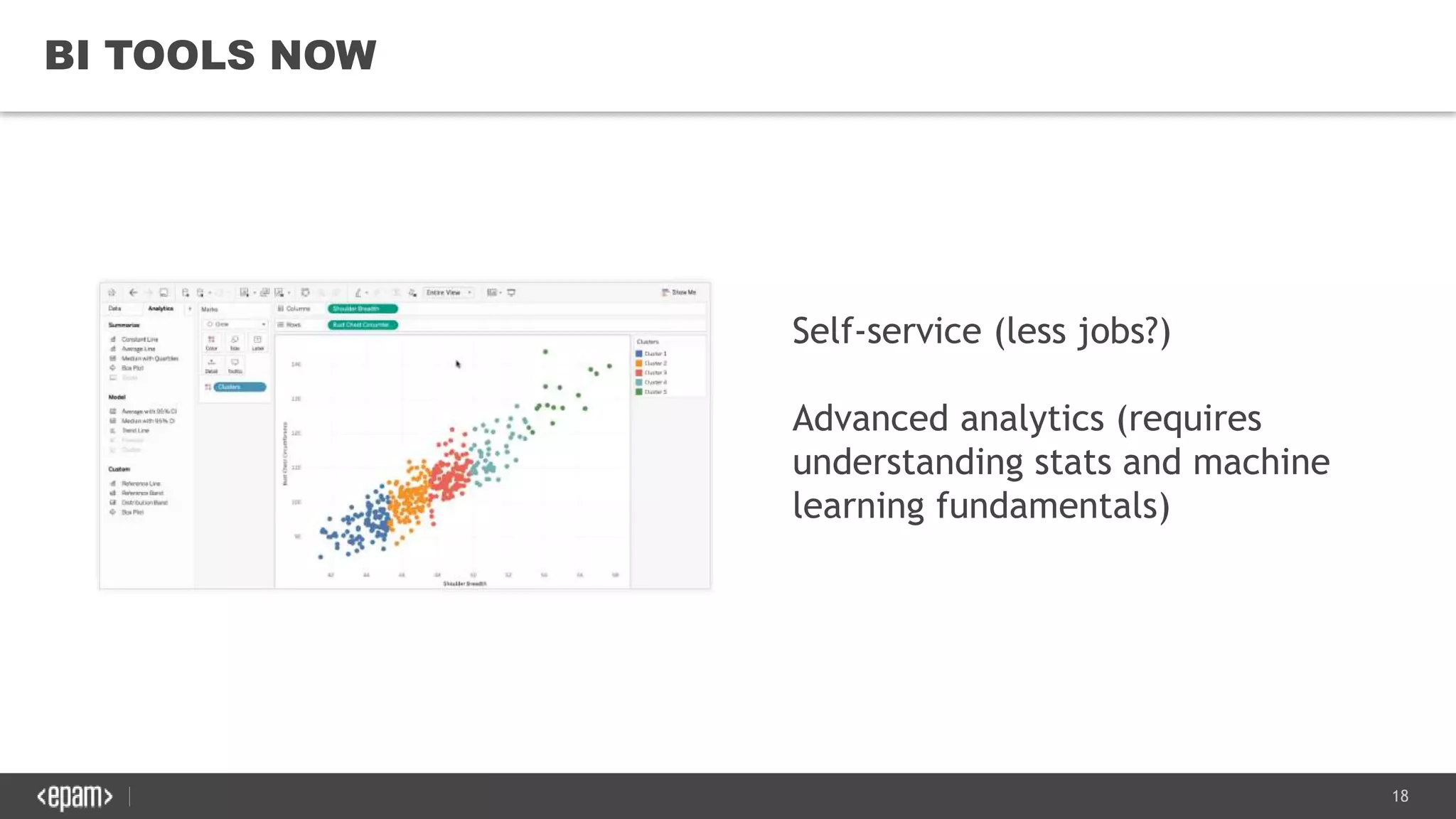 18
BI TOOLS NOW
Self-service (less jobs?)
Advanced analytics (requires
understanding stats and machine
learning fundamentals)
 