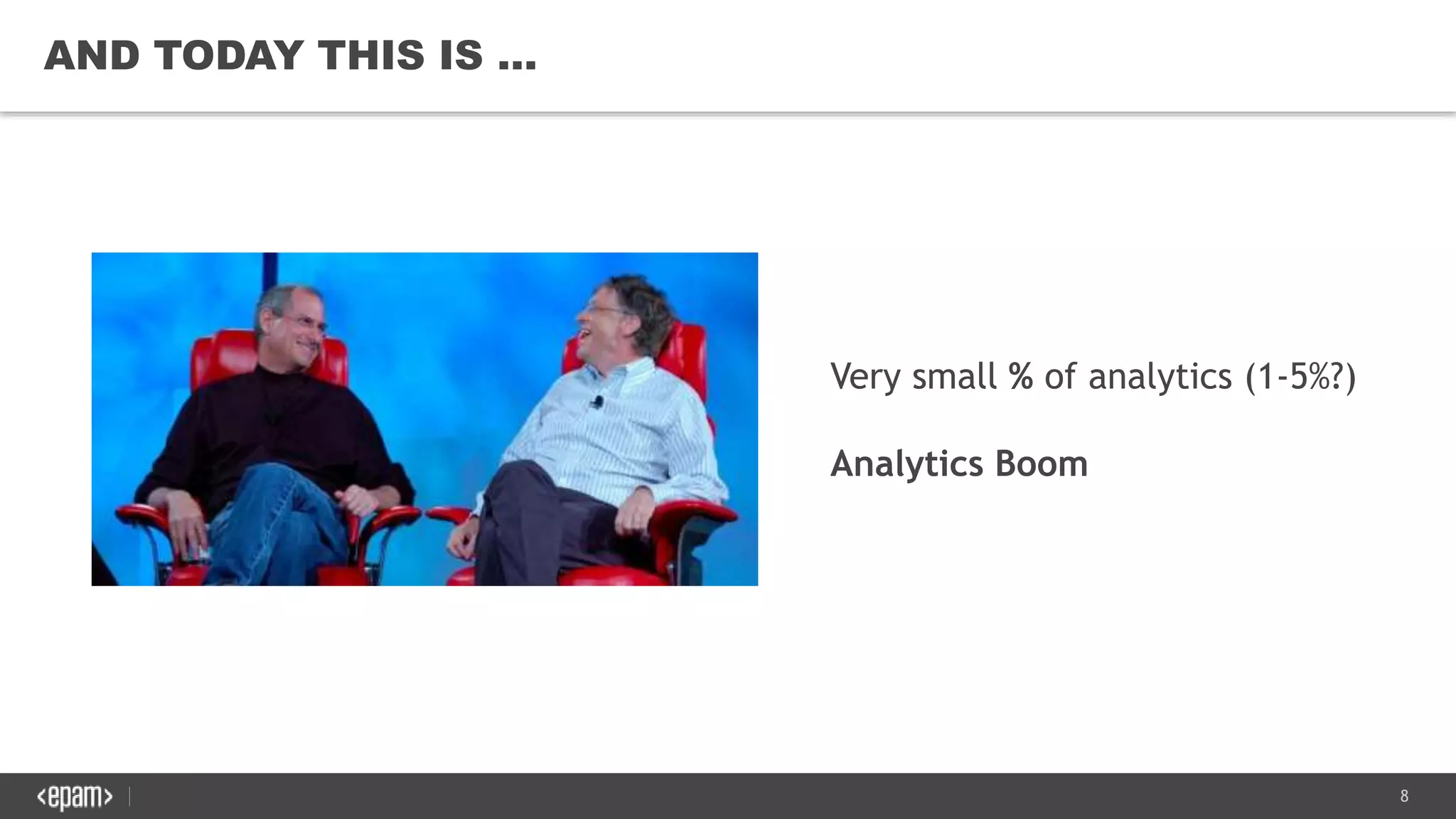 8
AND TODAY THIS IS …
Very small % of analytics (1-5%?)
Analytics Boom
 