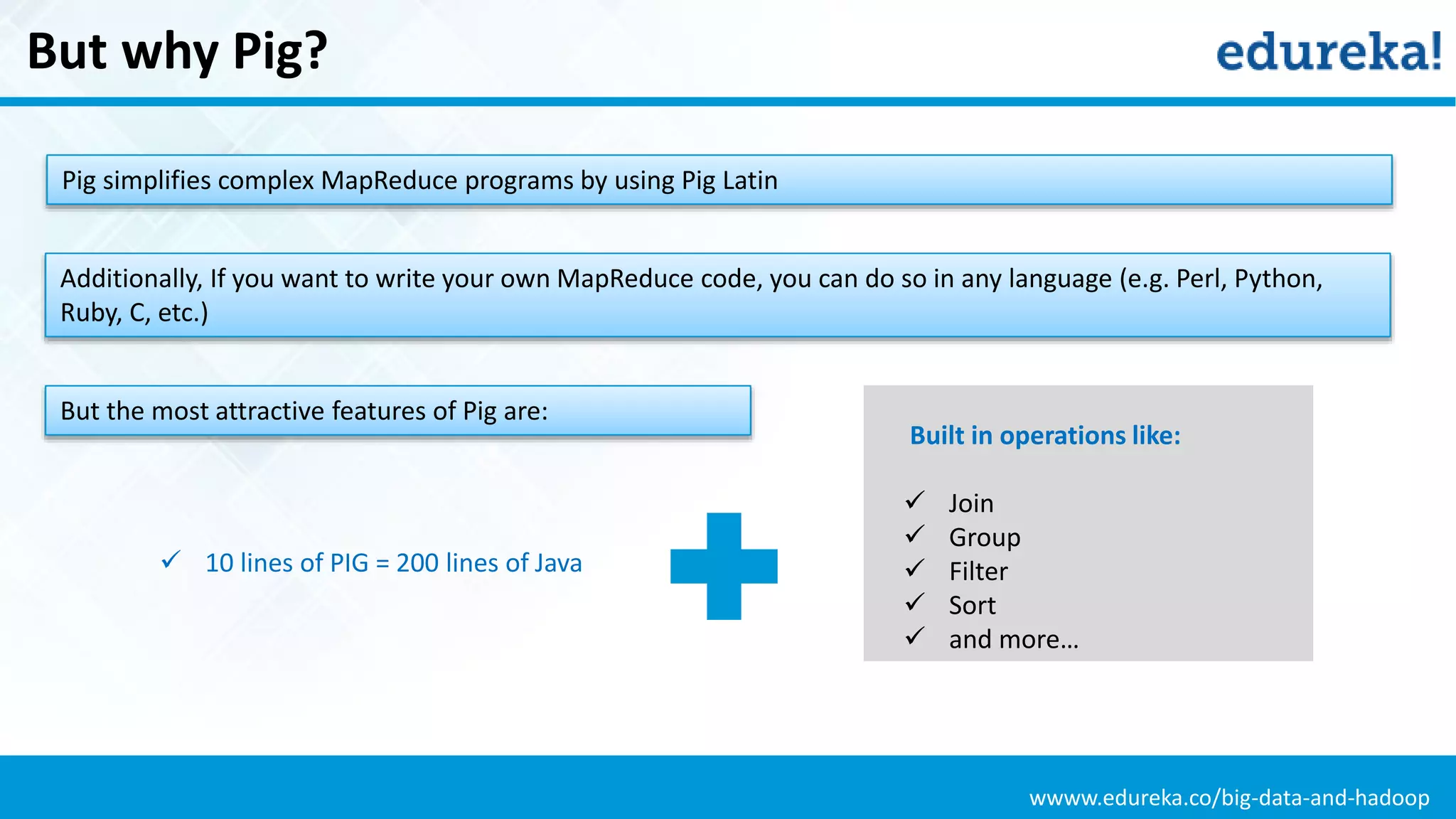 wwww.edureka.co/big-data-and-hadoop
But why Pig?
Pig simplifies complex MapReduce programs by using Pig Latin
Additionally, If you want to write your own MapReduce code, you can do so in any language (e.g. Perl, Python,
Ruby, C, etc.)
But the most attractive features of Pig are:
 10 lines of PIG = 200 lines of Java
Built in operations like:
 Join
 Group
 Filter
 Sort
 and more…
 